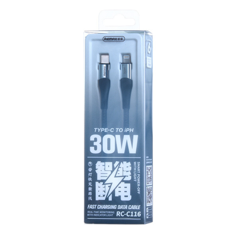 Câble Type-C / Lightning Tressé de Charge Rapide 30W REMAX Intelyelec Series RC-C116 - 1.2M - Argent — REMAX · Smarty Paris 18e